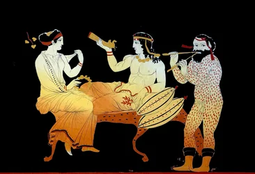 Dionysius attended by a Maenad and a satyr playing a Aulos c.1796