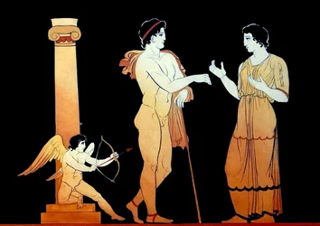 Eros Aiming One of His Arrows at a Young Couple Talking