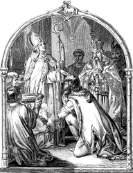 Baptism of the Saxon leader Widukind. Illustration from Geschichte des deutschen Volkes by E. Duller, 1840