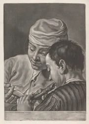 Portrait of Two Men, One Playing Recorder