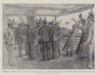 International Courtesy on the Way to China, the German Steamer Prinz Heinrich greeting HMS Highflyer with the British National Anthem at Suez