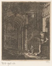 Two Figures Illuminating Ancient Ruins with a Torch (Ancient Ruins and Buildings series)