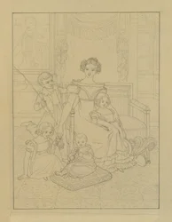 Contour Drawing of a Mother with Four Children