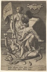 Fiducia, a Seated Woman Holds a Book and Banner While Turning Her Head Away from a Bare Branch, 1579