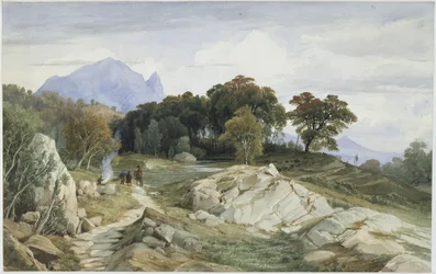 Italian forest and mountain landscape, a rider and three men by the fire