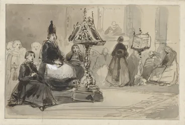 Church Interior with Singing Bishop and Nuns