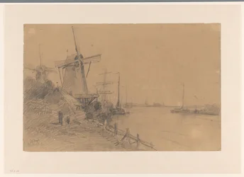 Mills Near Dordrecht Along the River with Ships