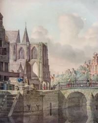 Continental River Scene with Bridge and Church
