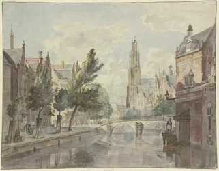 Stone Bridge over a Canal, Cathedral in the Background, Lantern on the Right