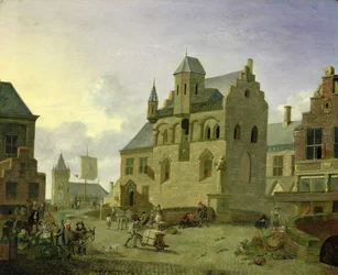 Town Square with Figures and Peasants Trading in a Market Place