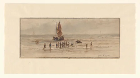 Beach Scene with Fishermen and Sailing Ship