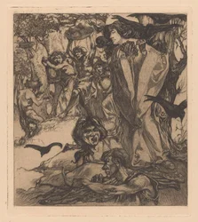 Wooded Landscape with People, Crows, and Satyr