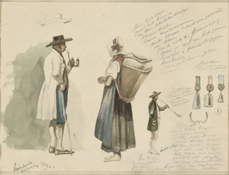 Man Smoking a Pipe, Woman with Basket, Rosettes, and a Hunting Horn Player