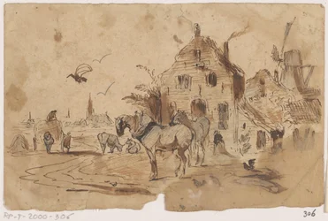 Unhitched Horses in Front of a House