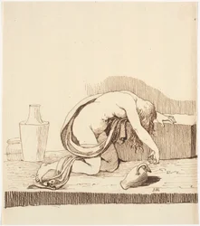 Naked Woman Bent Forward (Drunk) with Empty Wine Jug