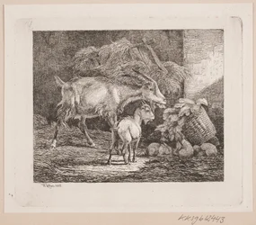 A Goat, a Kid, and Rabbits in a Stable