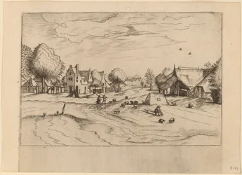 Country Village with Sheep and Sitting Shepherd