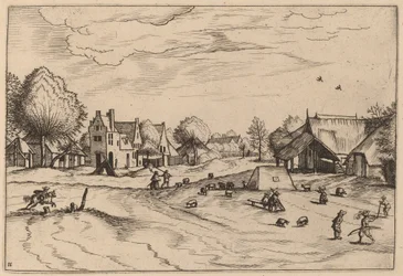 Country Village with Sheep and Sitting Shepherd