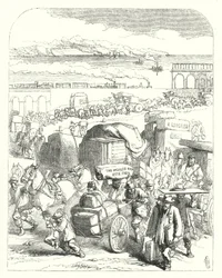 Ships and trains bringing visitors to the Great Exhibition of 1851, Crystal Palace, Hyde Park, London