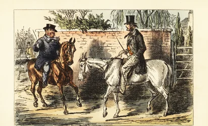 English gentleman on an old nag rejected by a man on a bay horse