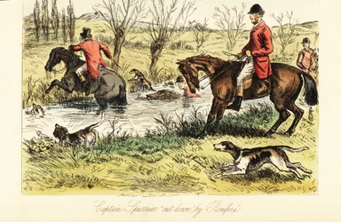 English Huntsman Fording a River with Fox Hounds