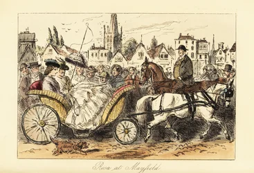 English lady in crinoline dress with parasol driving a pony-drawn basket-carriage through the busy streets of a small town