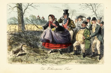 English woman in crinoline skirt trying to catch a cat during a hare hunt