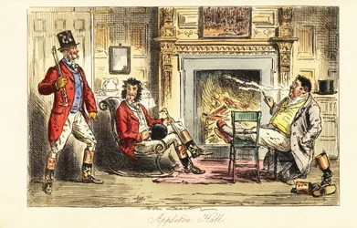 Fox hunters relaxing before a fire in a grand mansion after a hunt