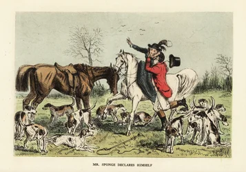 Huntsman in hunting pinks embracing a woman on a horse