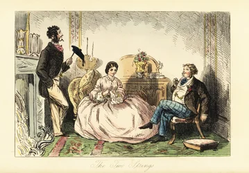 Lady in Crinoline Dress with Two Gentlemen Callers in a Parlour