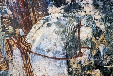 Horse, damaged fresco on ceiling in church of Agios Vasileios, Vavouledo, Crete, Greece