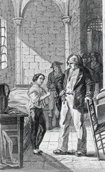 The Dauphin Louis Charles and his care-taker Antoine Simon in the Temple prison, engraving by Philippoteaux and Girardet, French Revolution, France