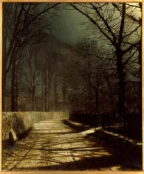 J.A. Grimshaw, Moonlit Lane with Two Lovers by a Gate