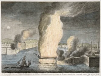 The Burning of the American Frigate the Philadelphia in the Harbour of Tripoli, 1805 (hand-coloured line engraving on laid paper)