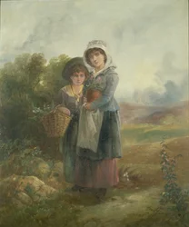 Two country girls carrying flowers
