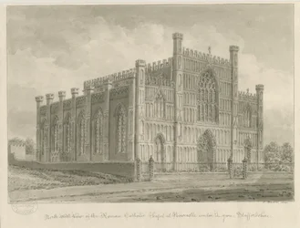 Newcastle-under-Lyme - Roman Catholic Chapel: sepia wash drawing, 1840