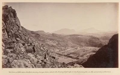 View from a Little Below the Fort, Showing Sunga from Which the Enemy Kept Up a Very Harassing Fire on the Advancing Columns, 1878