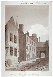 View looking towards the gateway of Montague House, Southwark, London, 1827