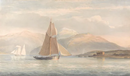 Boat Sailing to the Right with Mountains in the Background