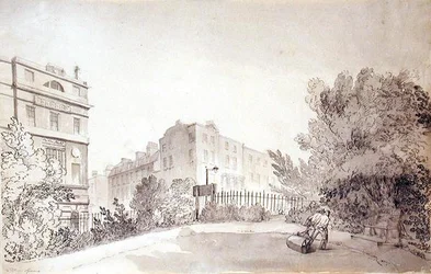 View of Fitzroy Square with Two Figures pulling a Garden Roller, c.1808