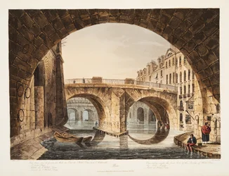 View taken from under the first Arch of the Bridge of the Hotel Dieu, the Little Bridge, Part of Hotel Dieu, illustration from Versailles, Paris and Saint Denis