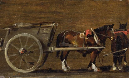 A Farm Cart with two Horses in Harness