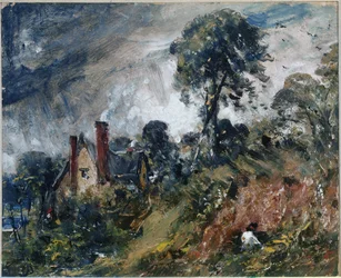 A Cottage Among Trees, with a Sandbank
