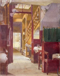 Interior view showing the staircase at the Cock Tavern, Fleet Street, City of London, 1881