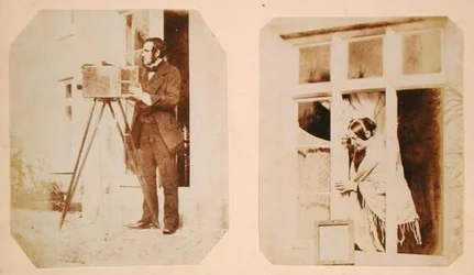 Self portrait on the left and Emma Thomasina Llewelyn printing a paper negative in the sun on the right