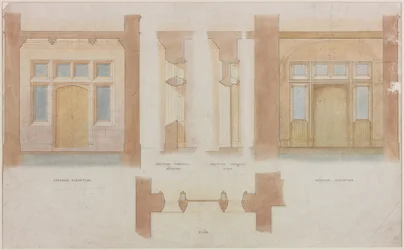 Elevation, Section and Plan of the Main Entrance of Holme Eden