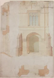 Elevation, Section and Plan of the Main Entrance of Holme Eden