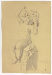 Antique Statue of Seated Putto Holding Mask of Silenus