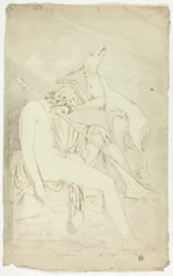 Ancient Bas-Relief of Sleeping Hunter and Dog