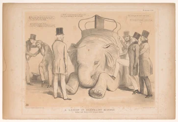 Caricature on the Appointment of Henry Hardinge as Governor of India (A Lesson in Elephant Riding! Studied from Nature in the Zoological Gardens) (HB Sketches series)